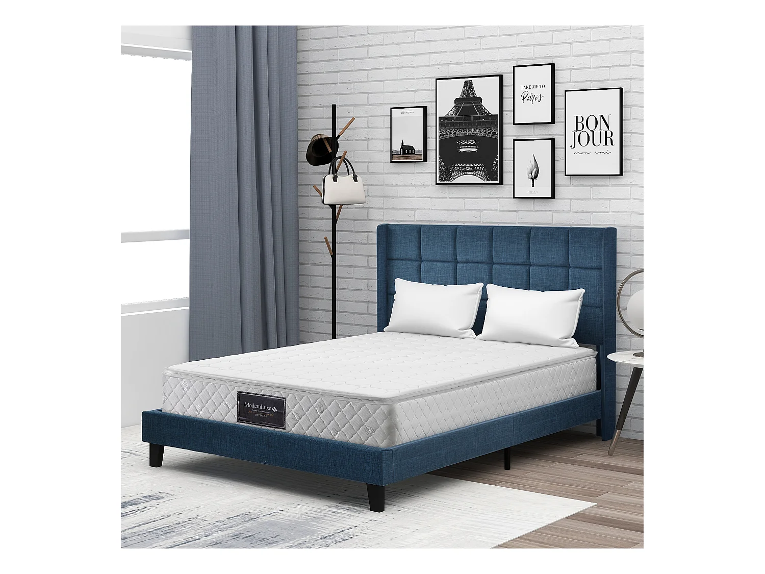 Gestoffeerd bed met hoofdeinde - 140 x 200 cm - linnen stof - boxspring + matras - blauw
