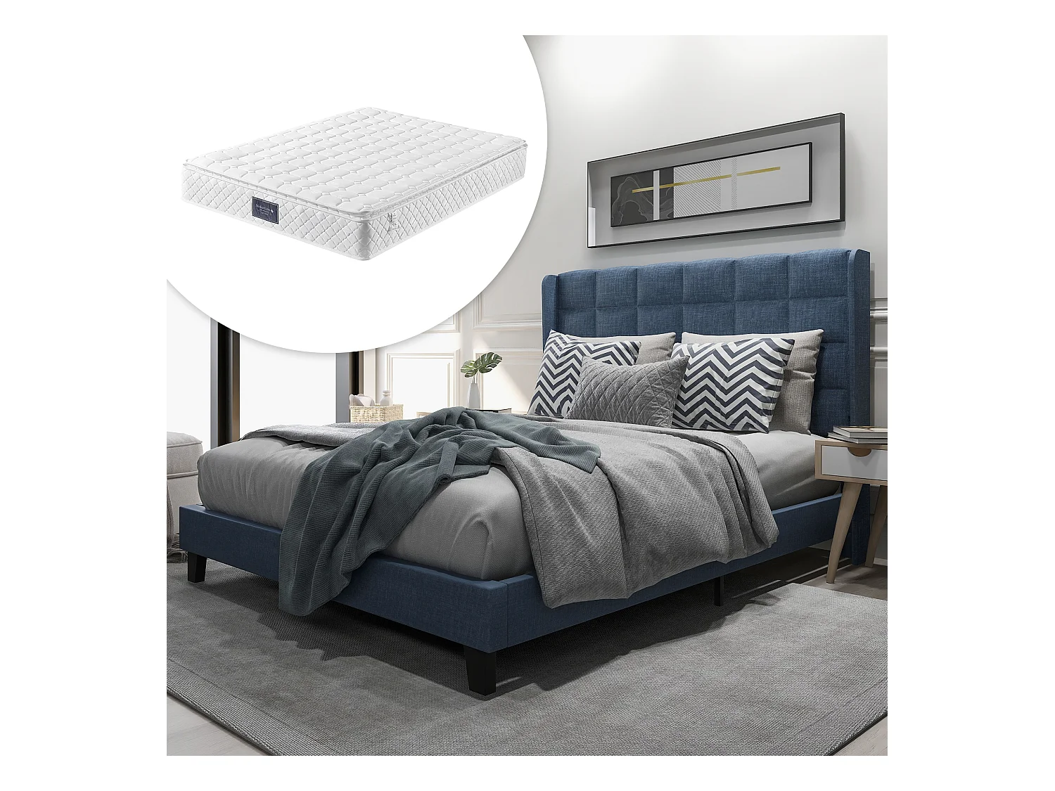 Polsterbett mit Kopfteil – 140 x 200 cm – Leinenstoff – Boxspring + Matratze – Blau