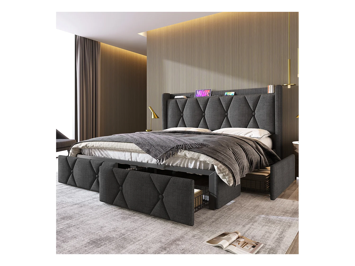 Lit capitonné 140 x 200 cm avec tête de lit et 4 tiroirs - USB - tissu en lin - gris