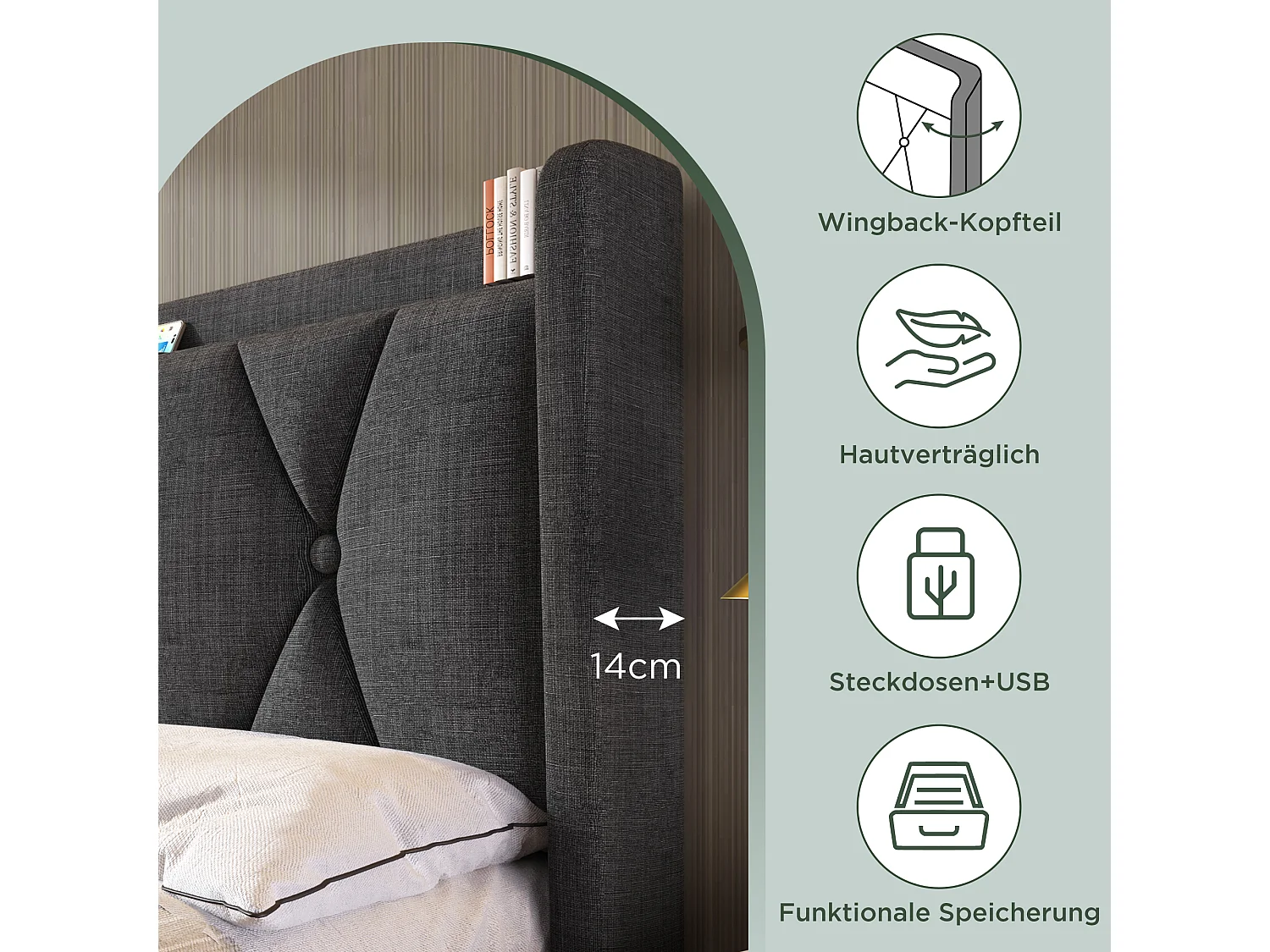 Gestoffeerd bed 140 x 200 cm met hoofdeinde en 4 lades - USB - linnen stof - grijs