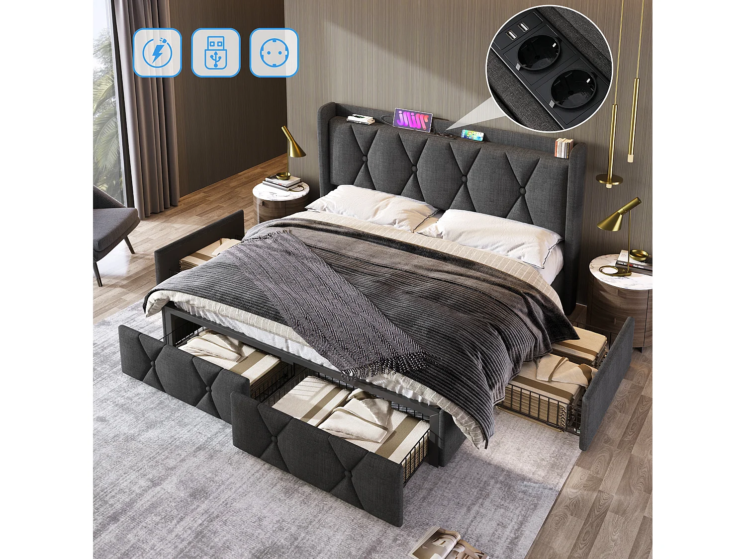 Gestoffeerd bed 140 x 200 cm met hoofdeinde en 4 lades - USB - linnen stof - grijs