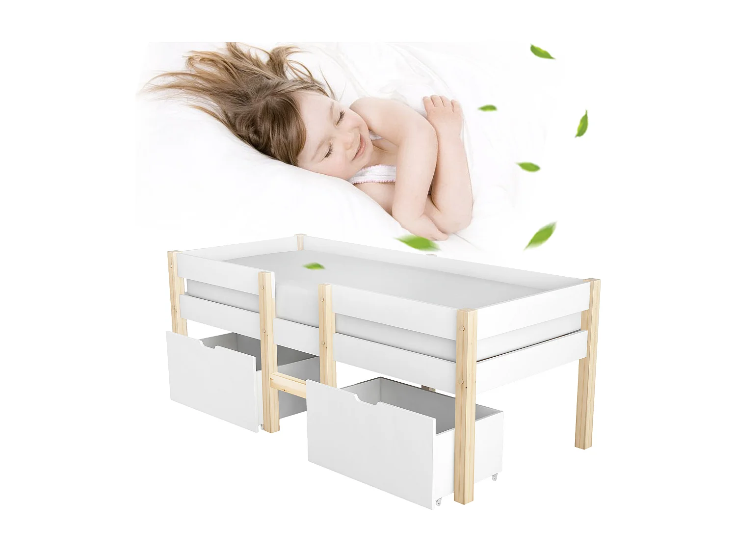 Mittelhohes Bett 90 x 190 cm für Kinder – 2 Schubladen – Massives Kiefernholz – Weiß