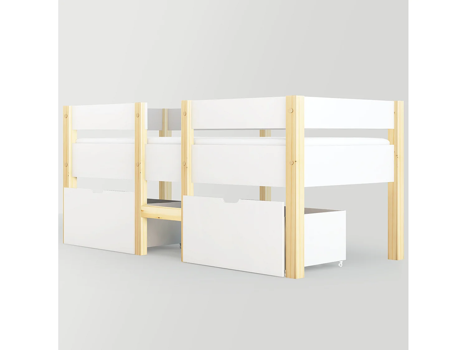Mittelhohes Bett 90 x 190 cm für Kinder – 2 Schubladen – Massives Kiefernholz – Weiß