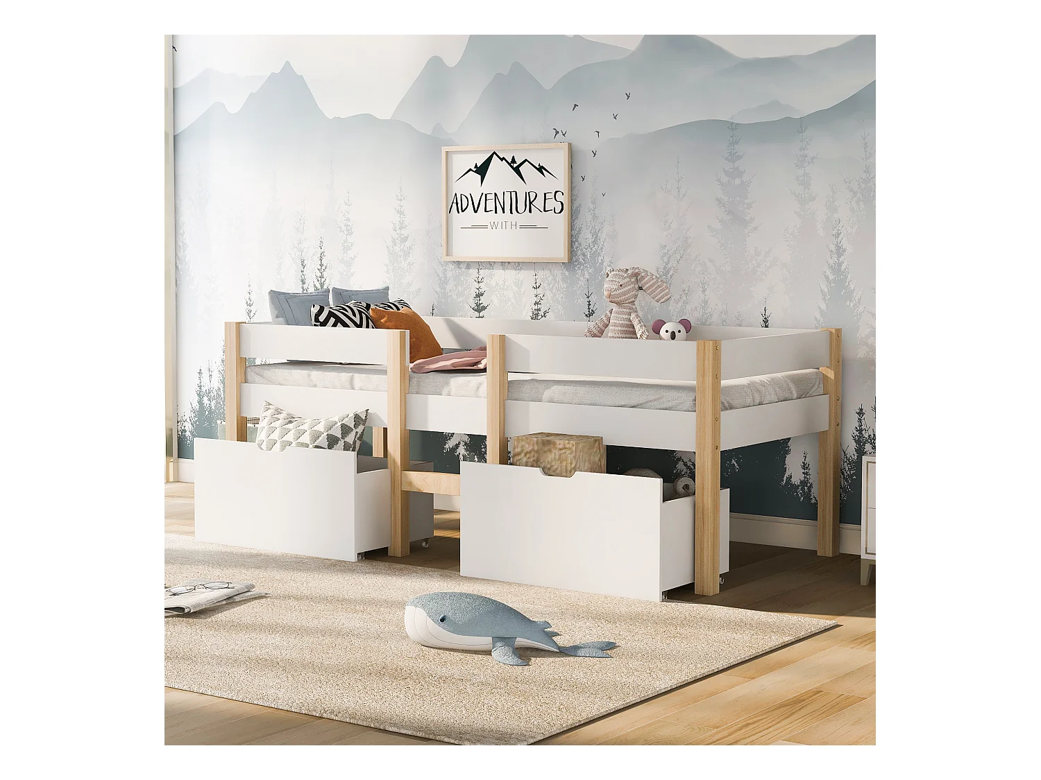 Mittelhohes Bett 90 x 190 cm für Kinder – 2 Schubladen – Massives Kiefernholz – Weiß
