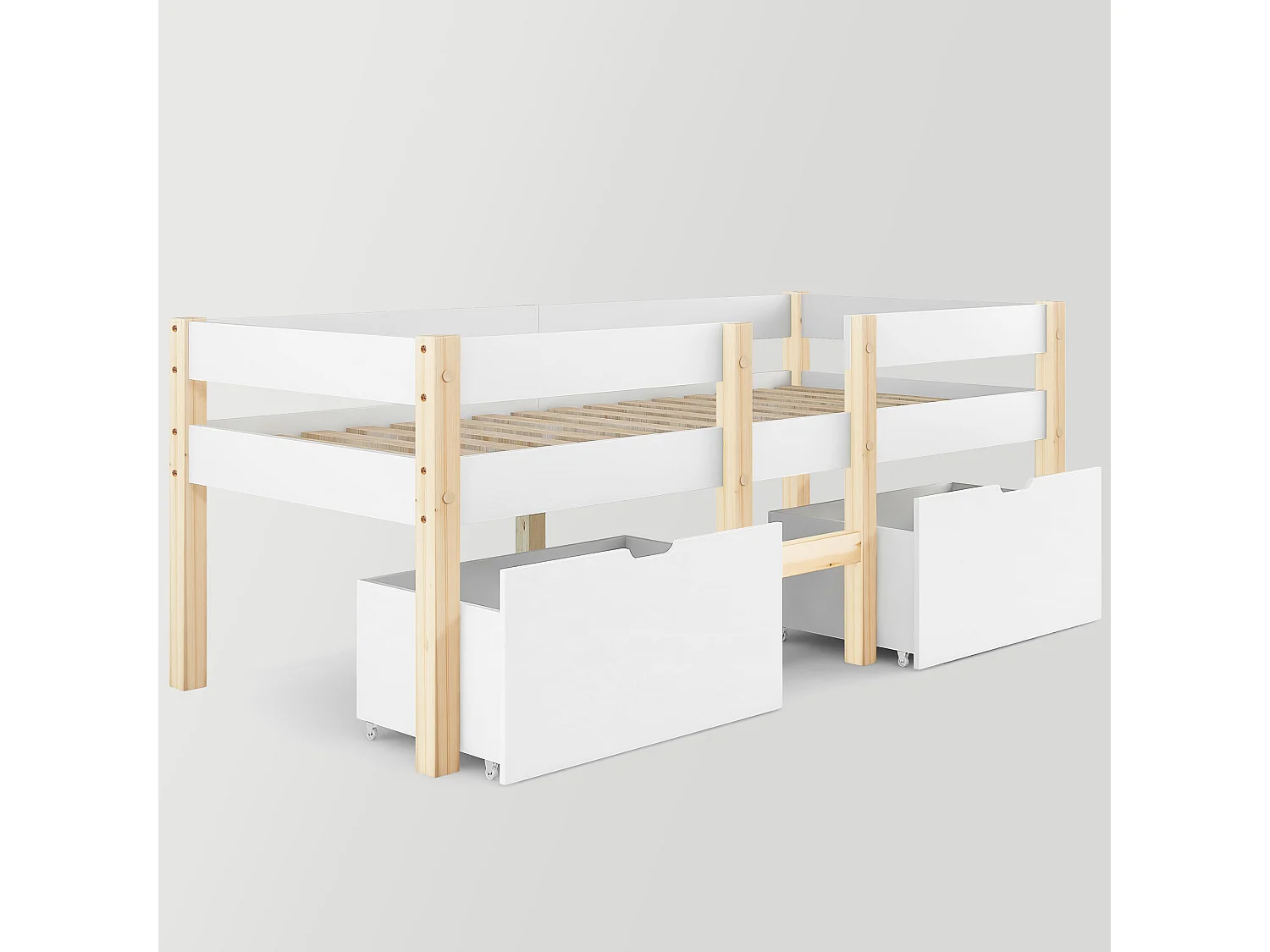 Halfhoog bed 90 x 190 cm voor kinderen - 2 lades - Massief grenenhout - Wit