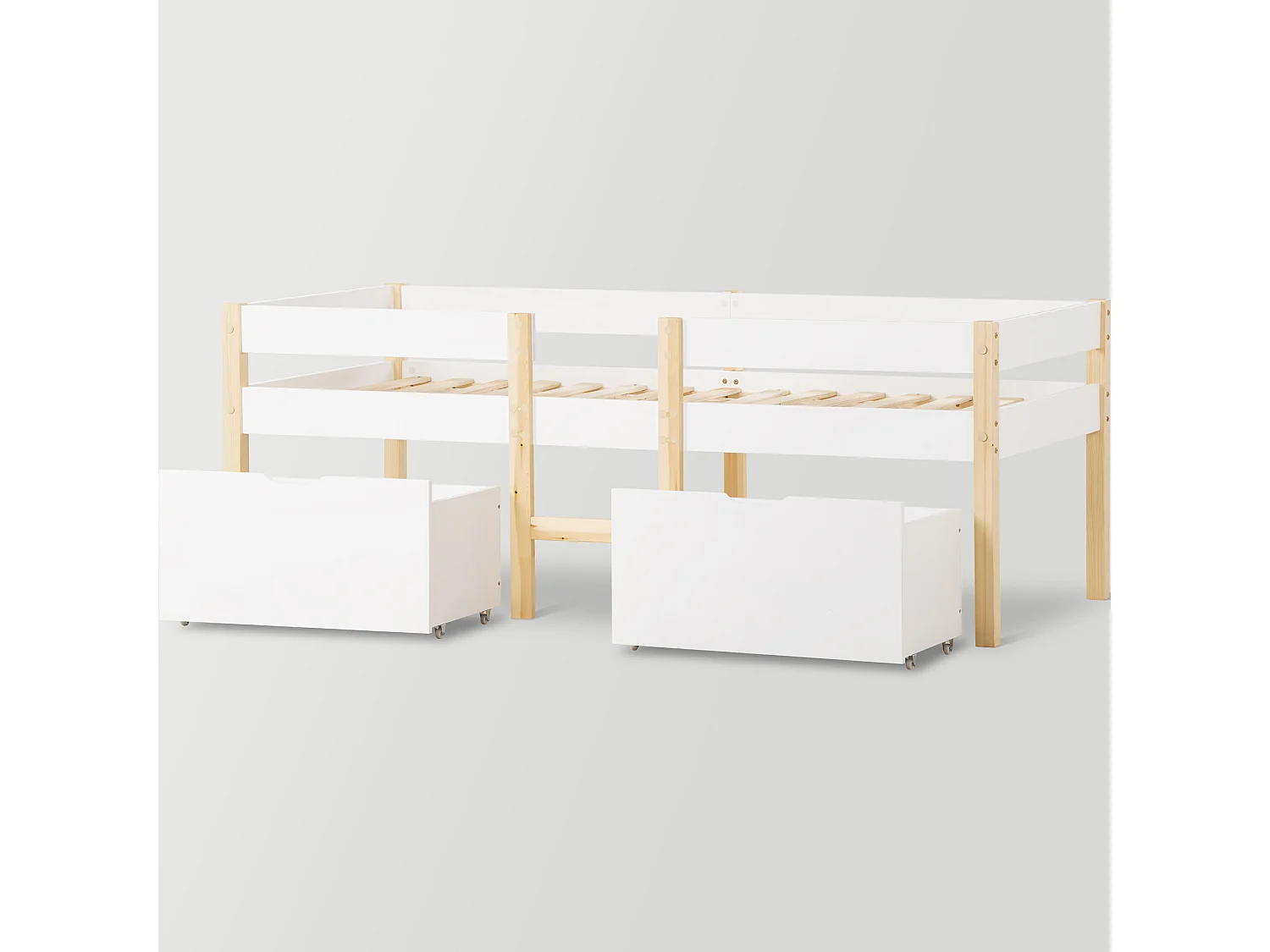 Lit mi-hauteur 90 x 190 cm pour enfant - 2 tiroirs - Bois de pin massif - Blanc