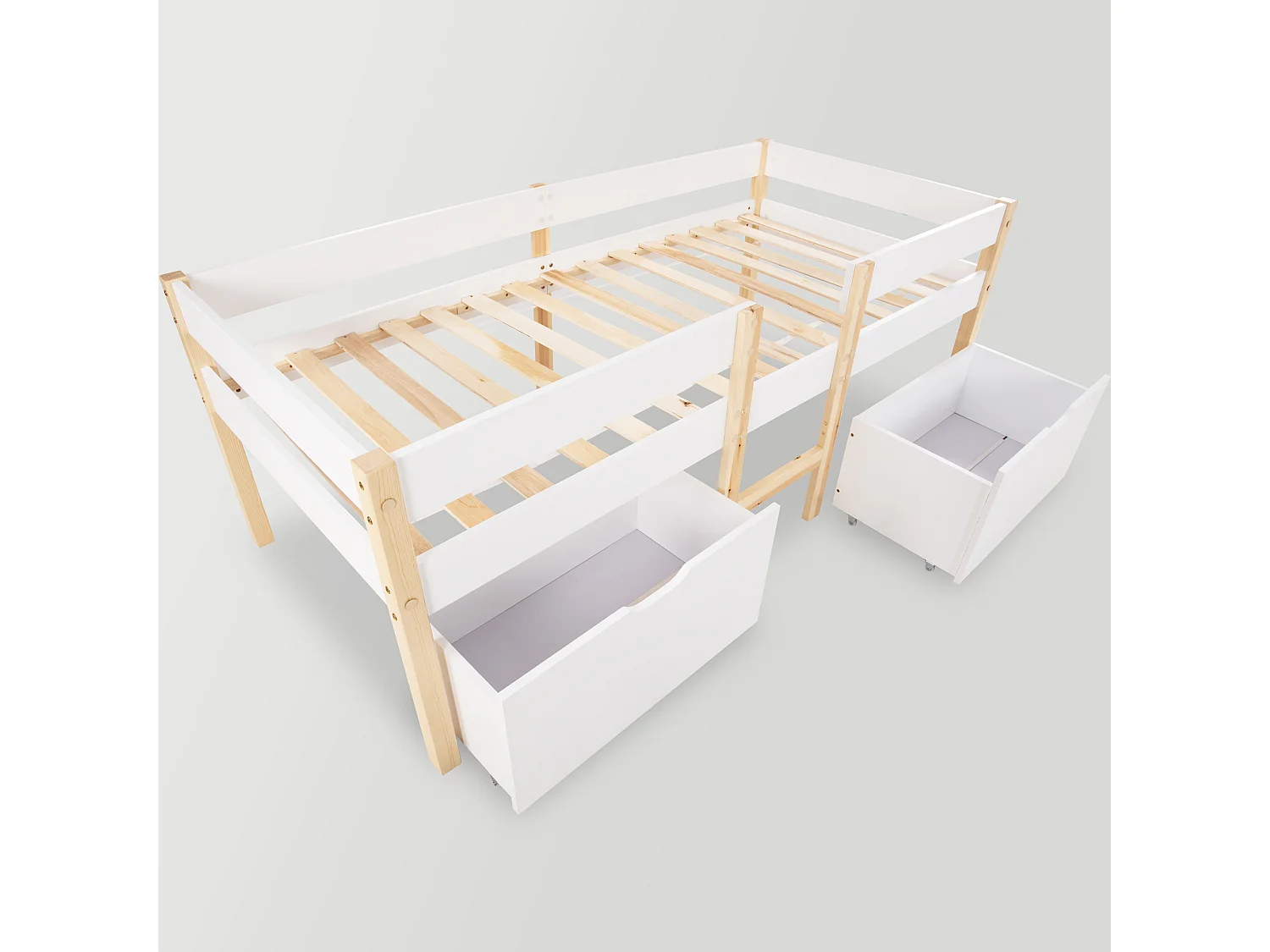Lit mi-hauteur 90 x 190 cm pour enfant - 2 tiroirs - Bois de pin massif - Blanc