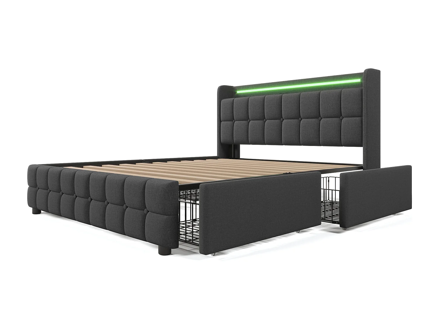 Gewatteerd bed voor volwassenen 160 x 200 cm met 4 laden - USB + LED's - linnenstof - grijs