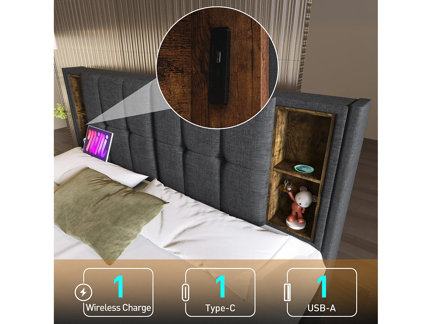 Łóżko dwuosobowe 160 x 200 cm z ładowaniem bezprzewodowym USB C i 4 szufladami - aksamit - szary