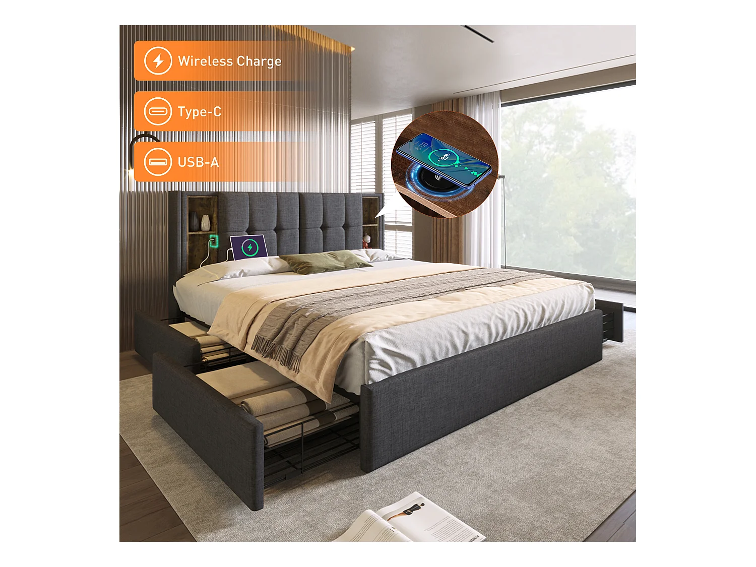Lit double 160 x 200 cm avec recharge sans fil USB C & 4 tiroirs - velours - gris
