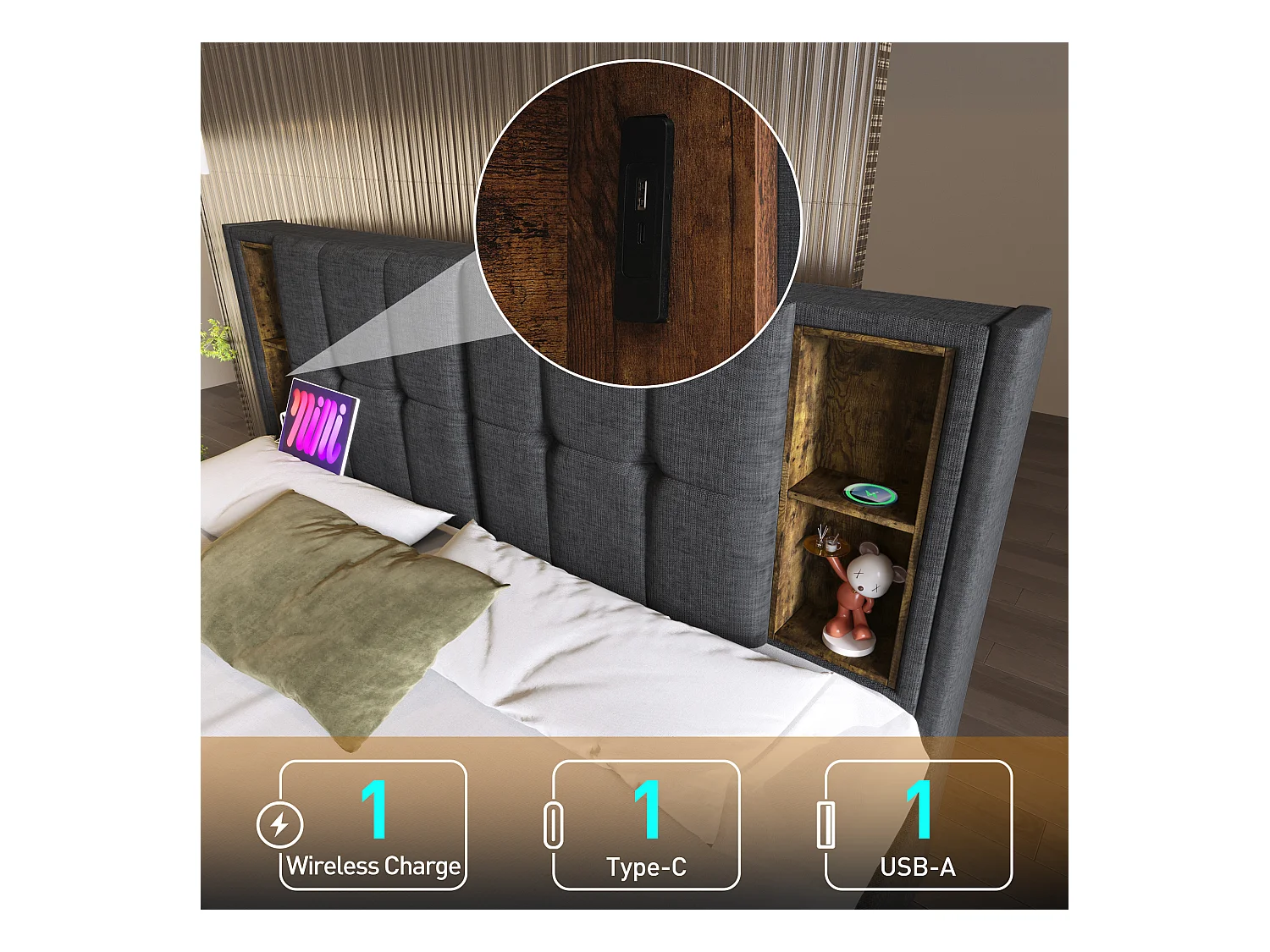 Tweepersoonsbed 160 x 200 cm met USB C draadloos opladen & 4 lades - fluweel - grijs