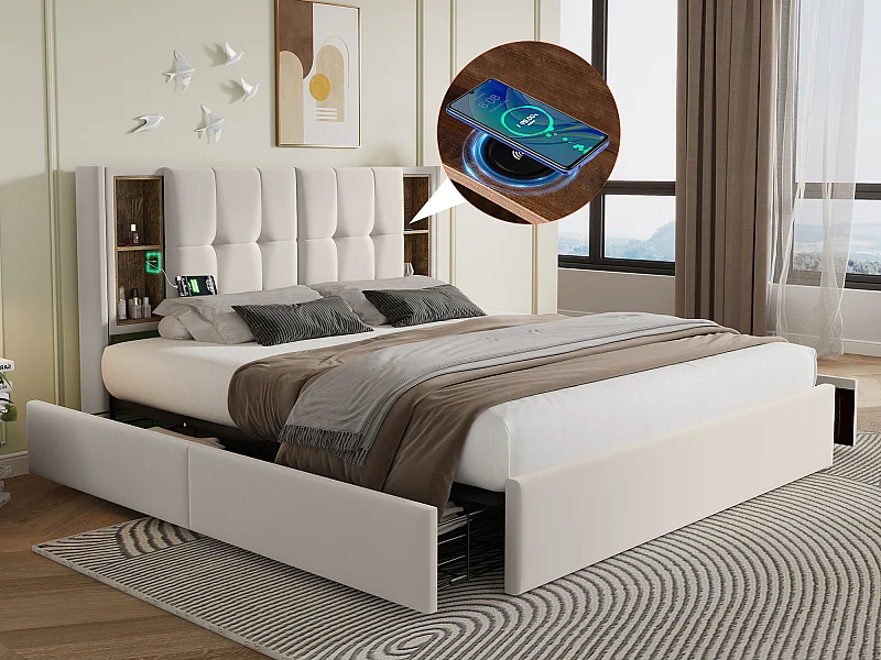 Letto matrimoniale 160 x 200 cm con ricarica wireless USB C e 4 cassetti - velluto - beige