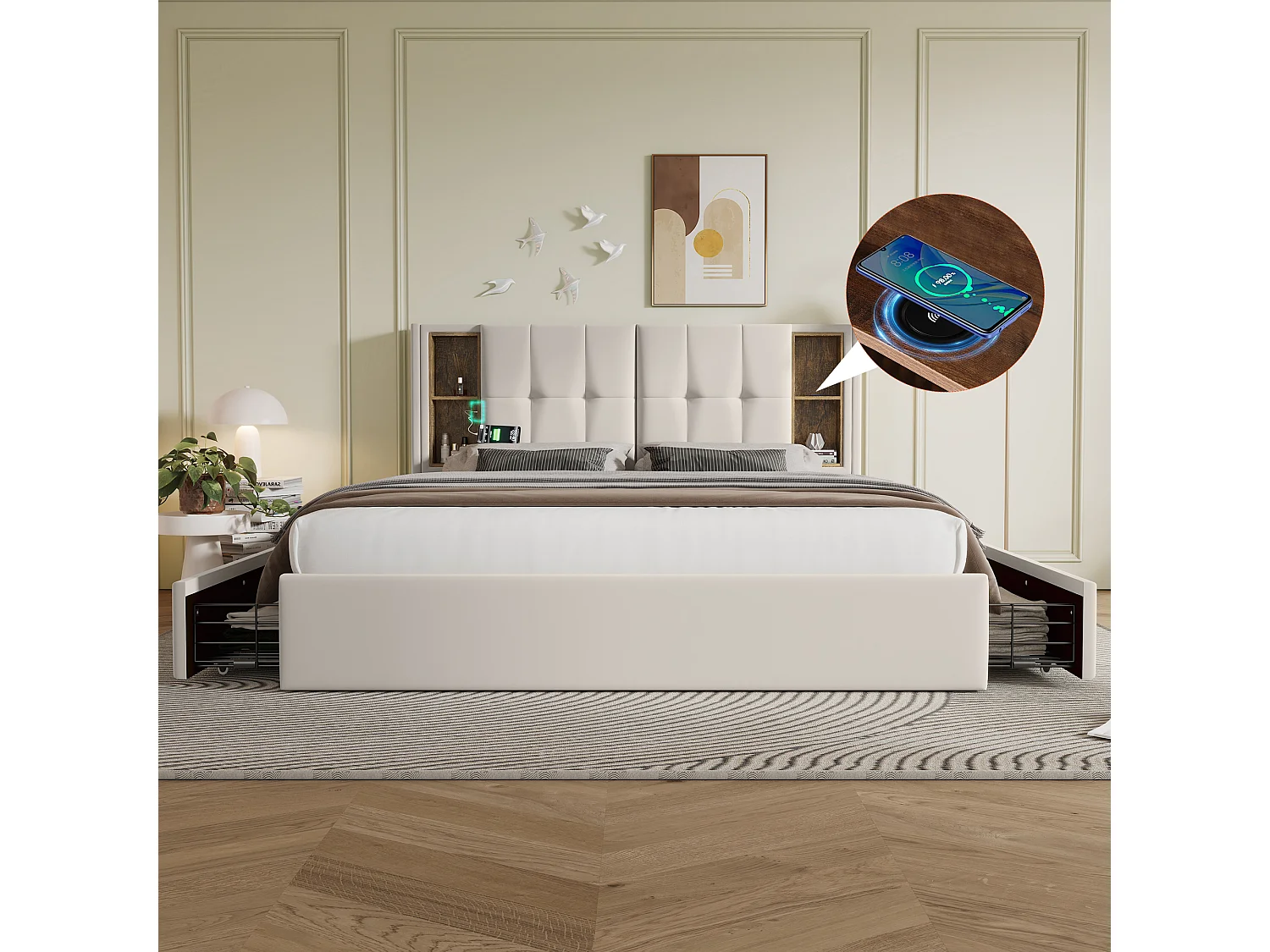 Doppelbett 160 x 200 cm mit kabellosem USB-C-Ladegerät und 4 Schubladen – Samt – Beige