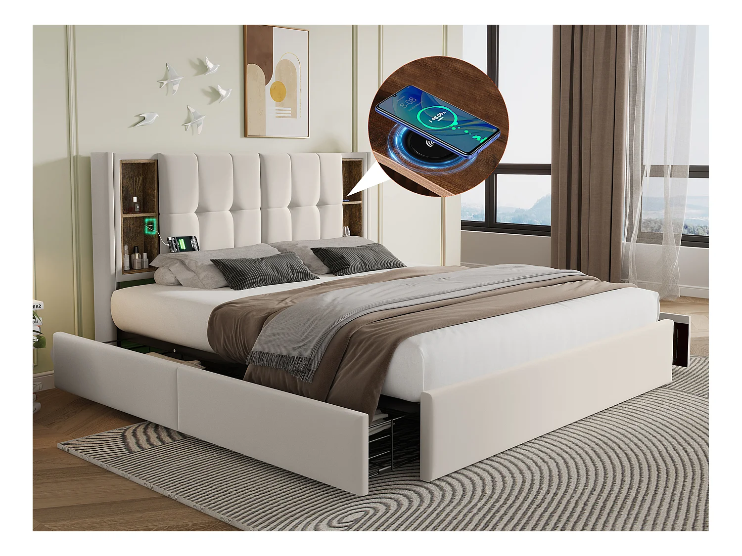 Lit double 160 x 200 cm avec recharge sans fil USB C & 4 tiroirs - velours - beige
