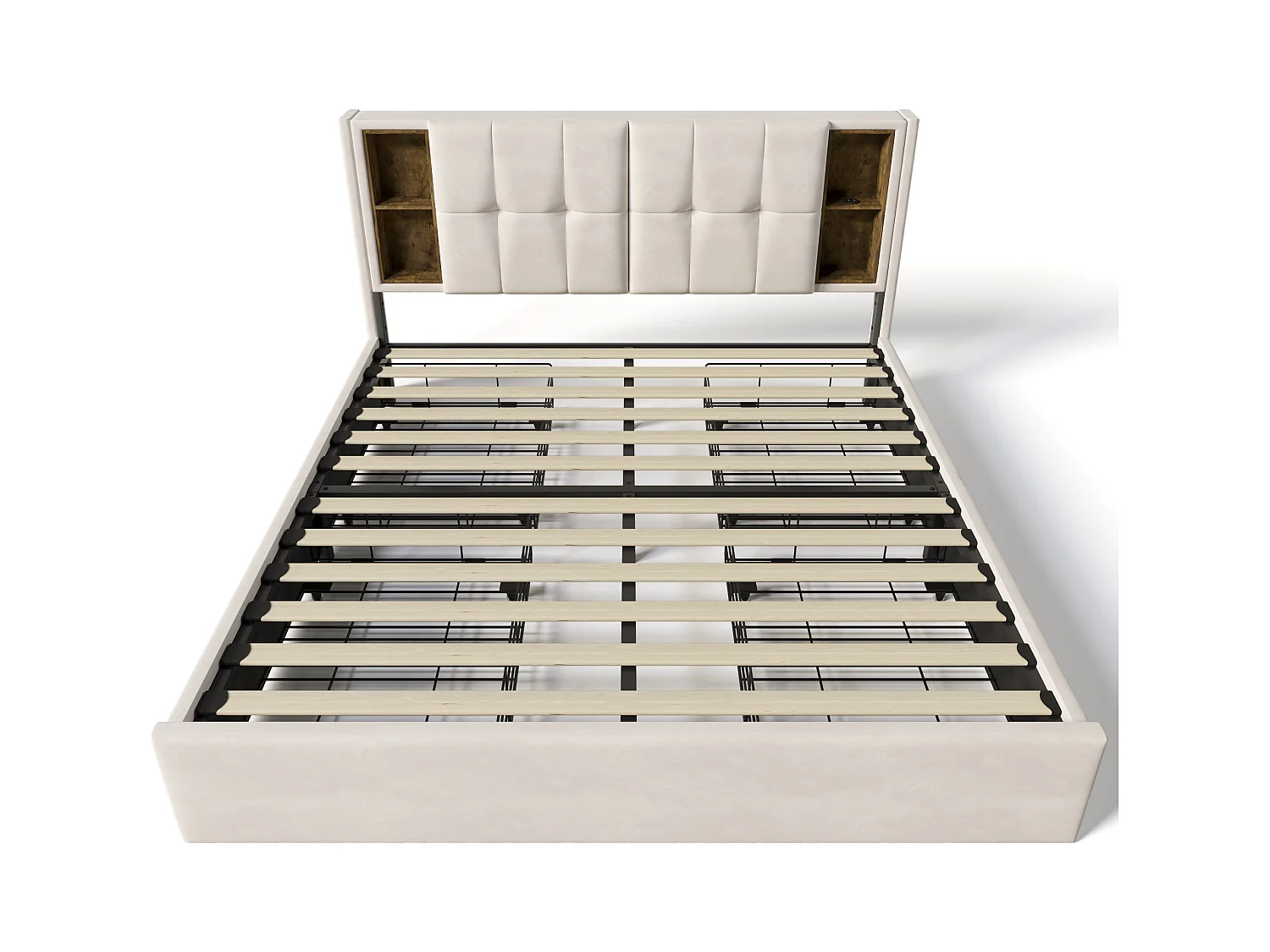 Lit double 160 x 200 cm avec recharge sans fil USB C & 4 tiroirs - velours - beige