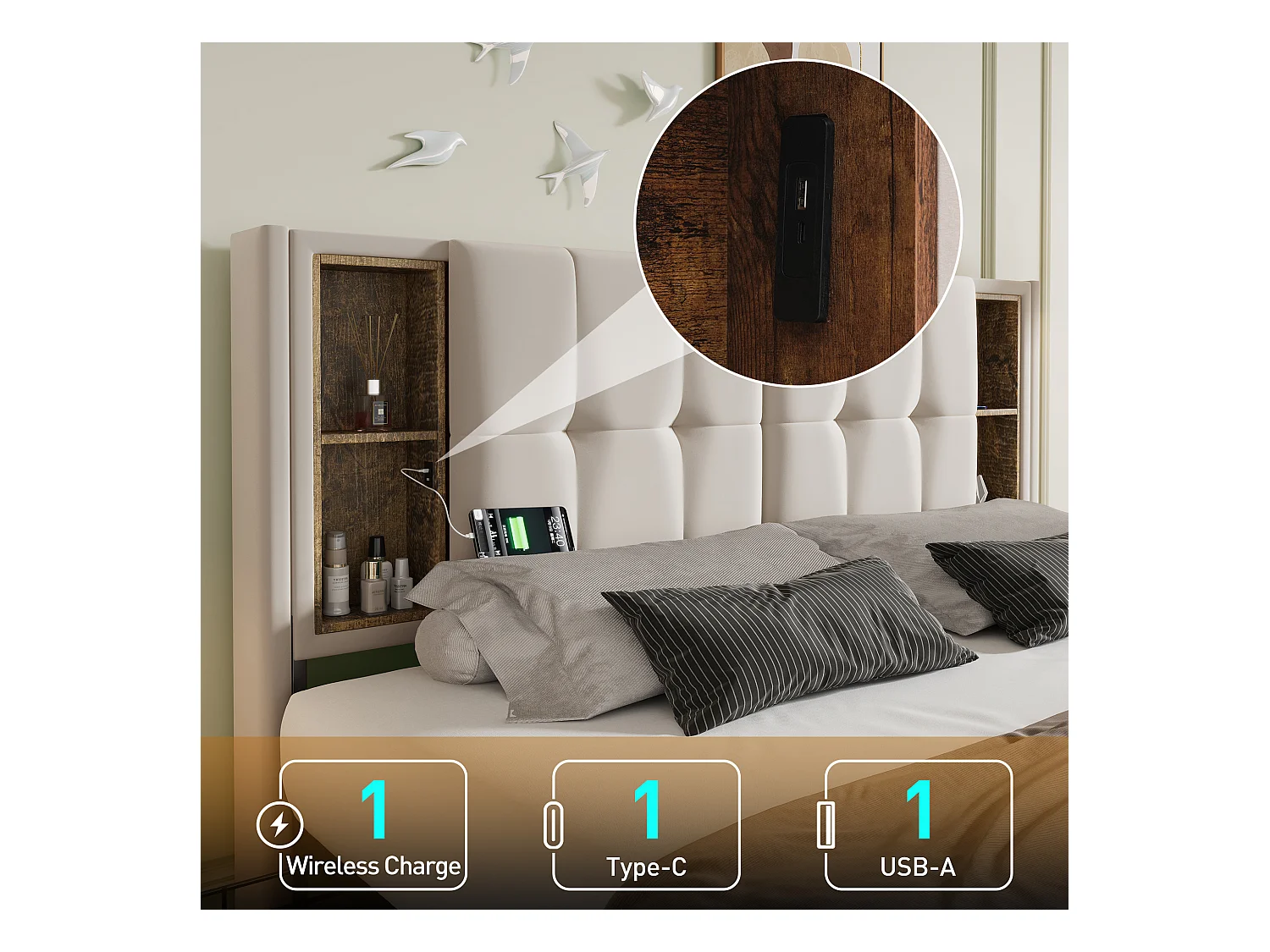 Lit double 160 x 200 cm avec recharge sans fil USB C & 4 tiroirs - velours - beige