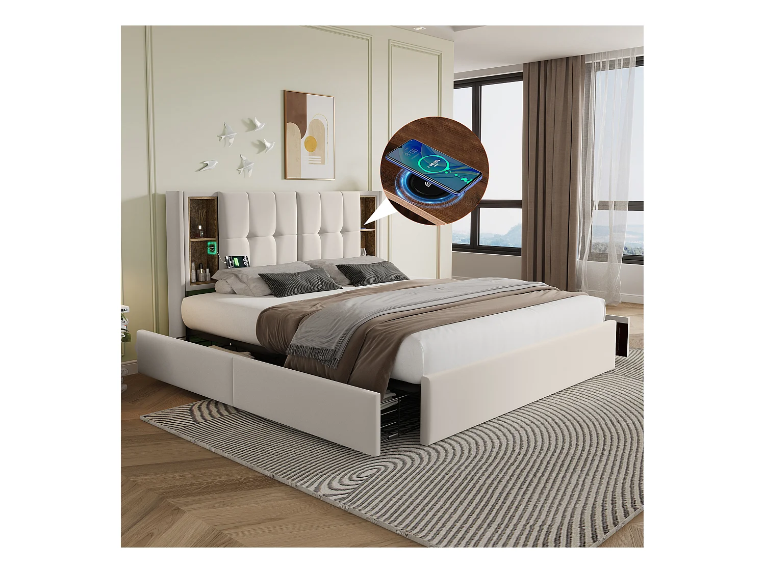 Lit double 160 x 200 cm avec recharge sans fil USB C & 4 tiroirs - velours - beige