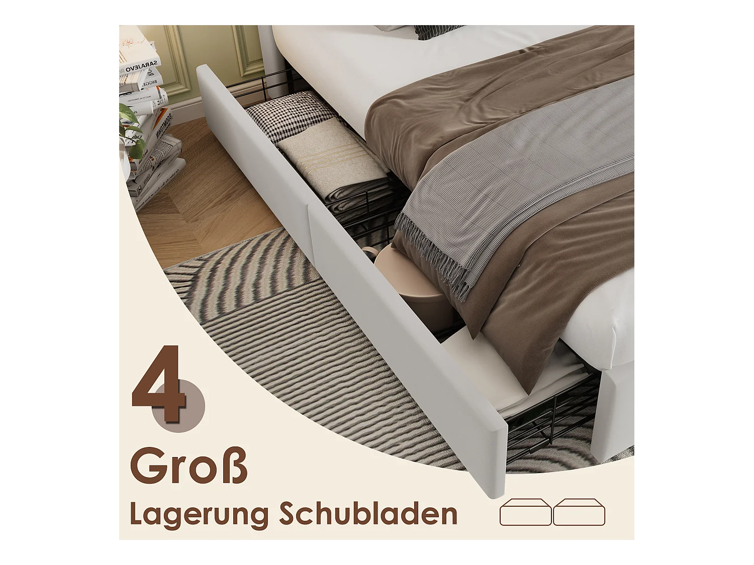 Lit double 160 x 200 cm avec recharge sans fil USB C & 4 tiroirs - velours - beige