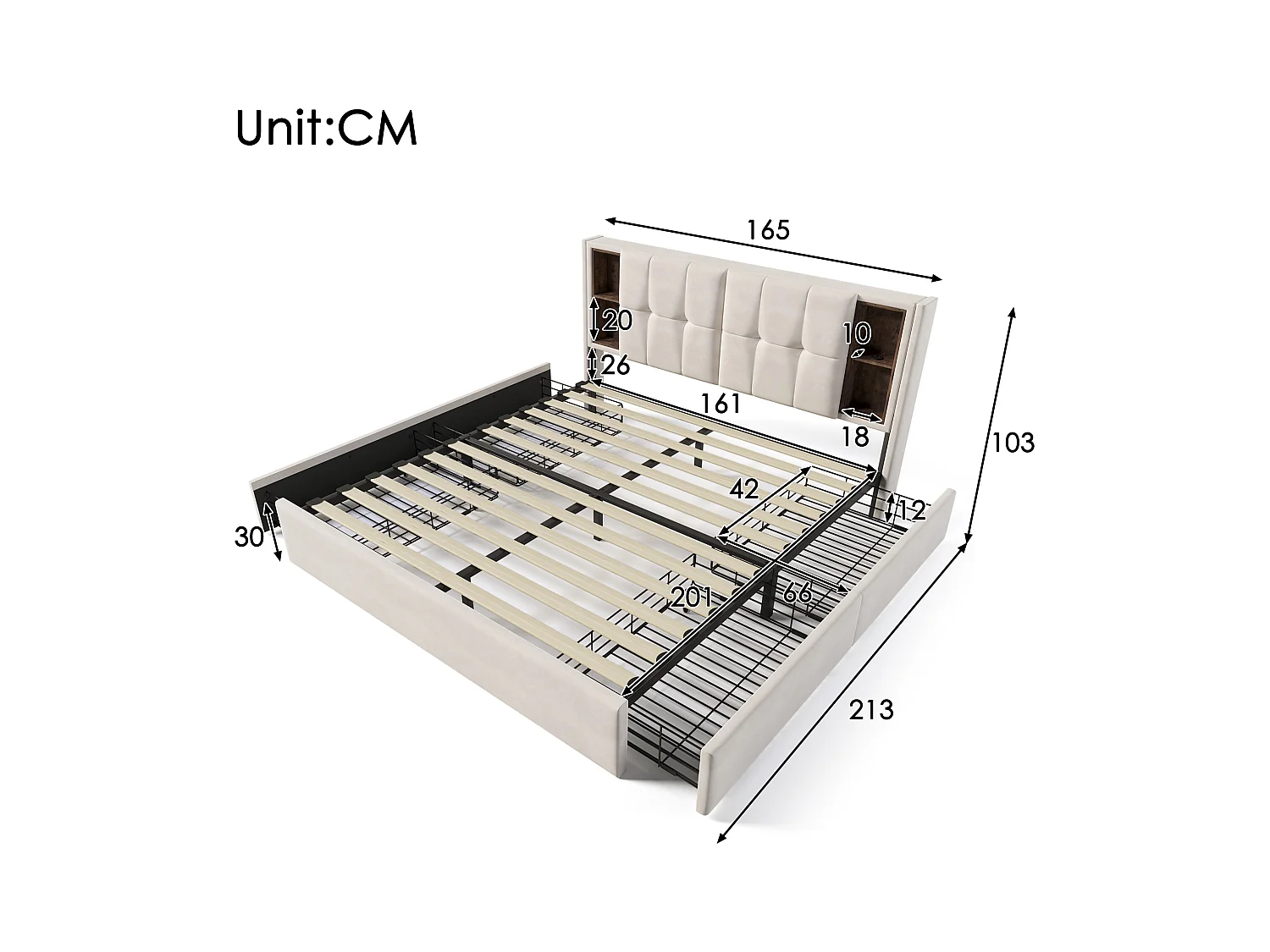 Lit double 160 x 200 cm avec recharge sans fil USB C & 4 tiroirs - velours - beige