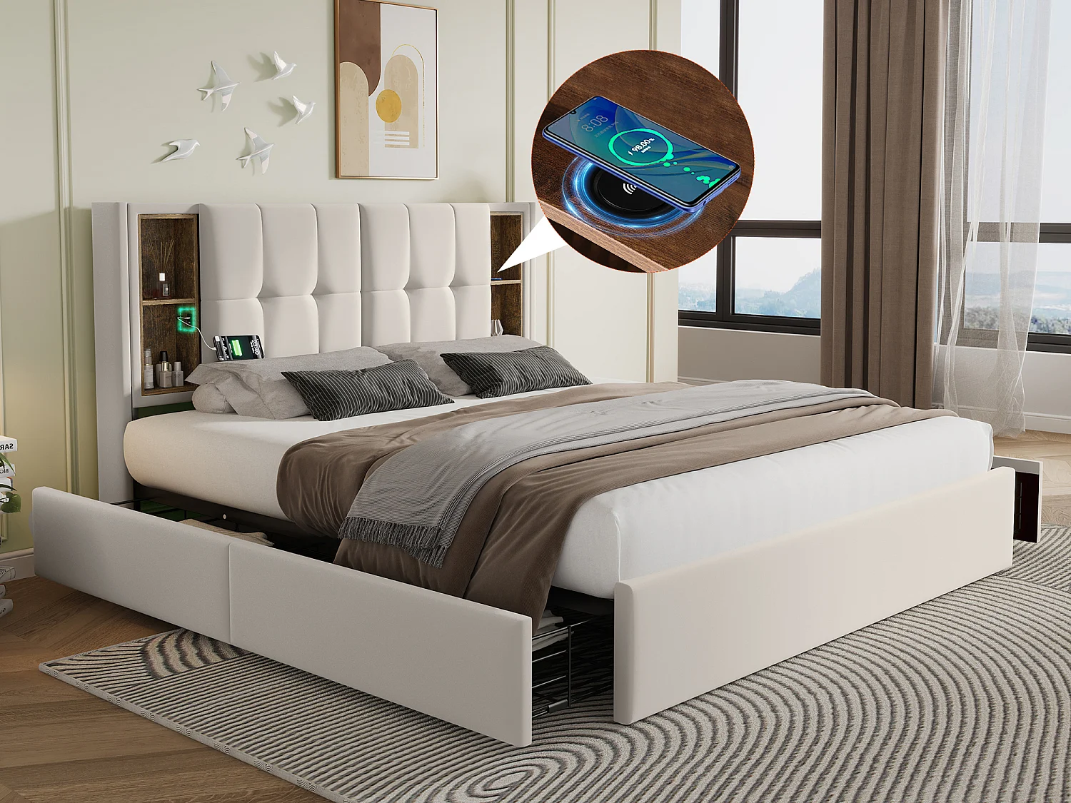 Doppelbett 160 x 200 cm mit kabellosem USB-C-Ladegerät und 4 Schubladen – Samt – Beige