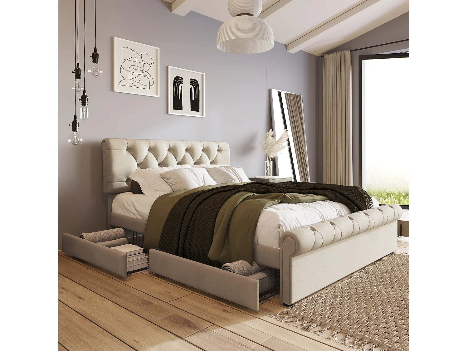 Bed 140 x 200 cm met hoofdeinde + 4 laden - linnen stof - natuurlijke kleur - Chesterfield