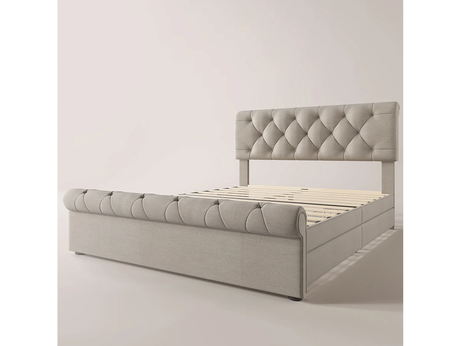 Bed 140 x 200 cm met hoofdeinde + 4 laden - linnen stof - natuurlijke kleur - Chesterfield