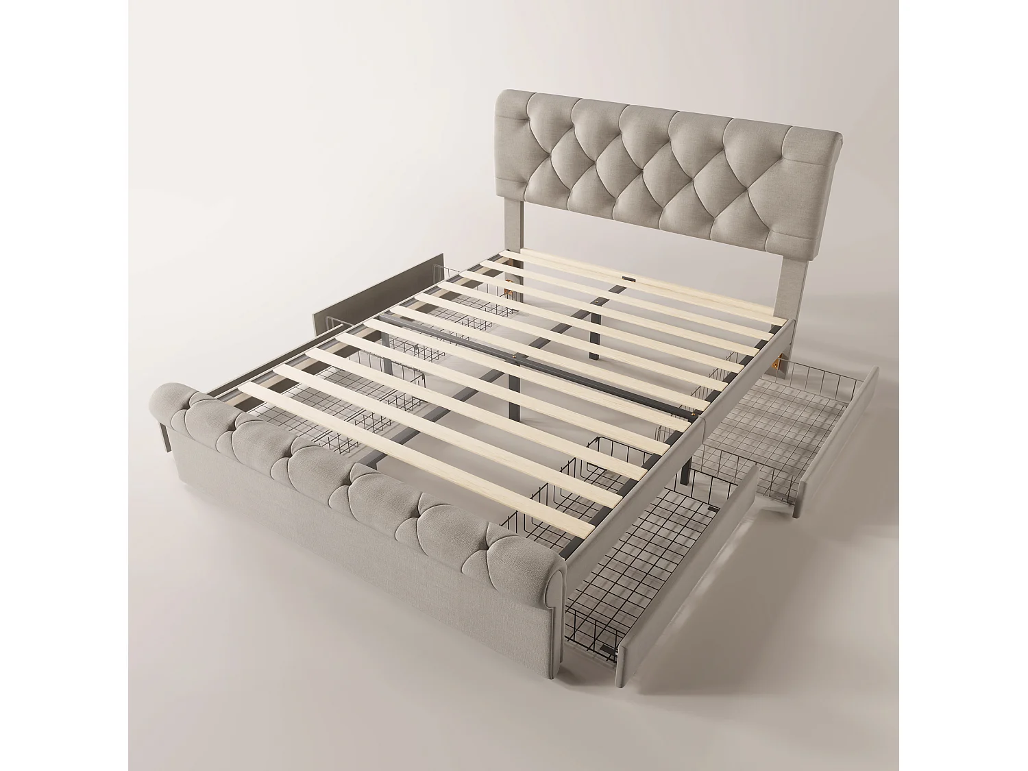 Bed 140 x 200 cm met hoofdeinde + 4 laden - linnen stof - natuurlijke kleur - Chesterfield