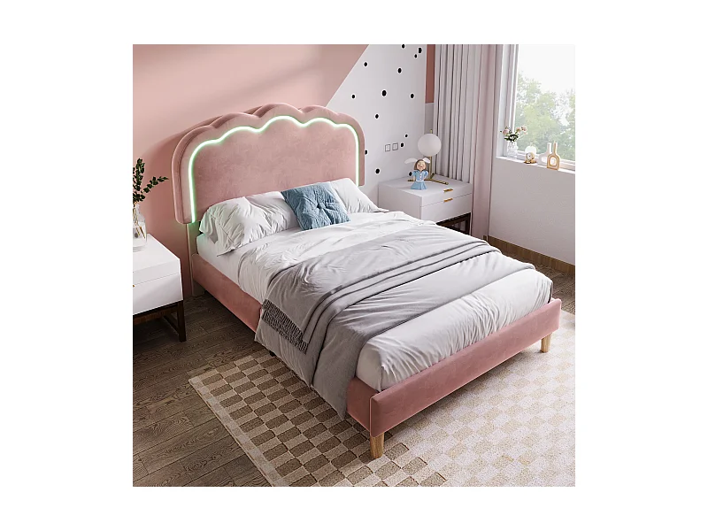 Polsterbett 90 x 200 cm mit verstellbarem Kopfteil für Schlafzimmer – LEDs – Samt – Rosa