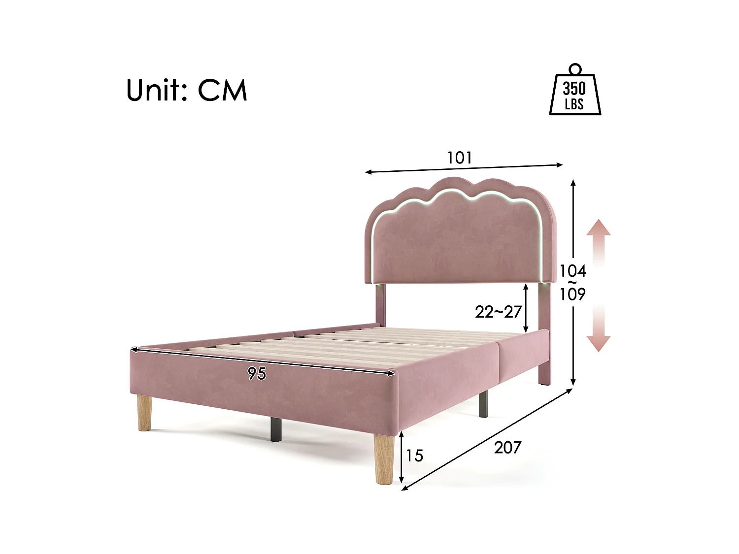 Letto imbottito 90 x 200 cm con testiera regolabile per cameretta - led - velluto - rosa