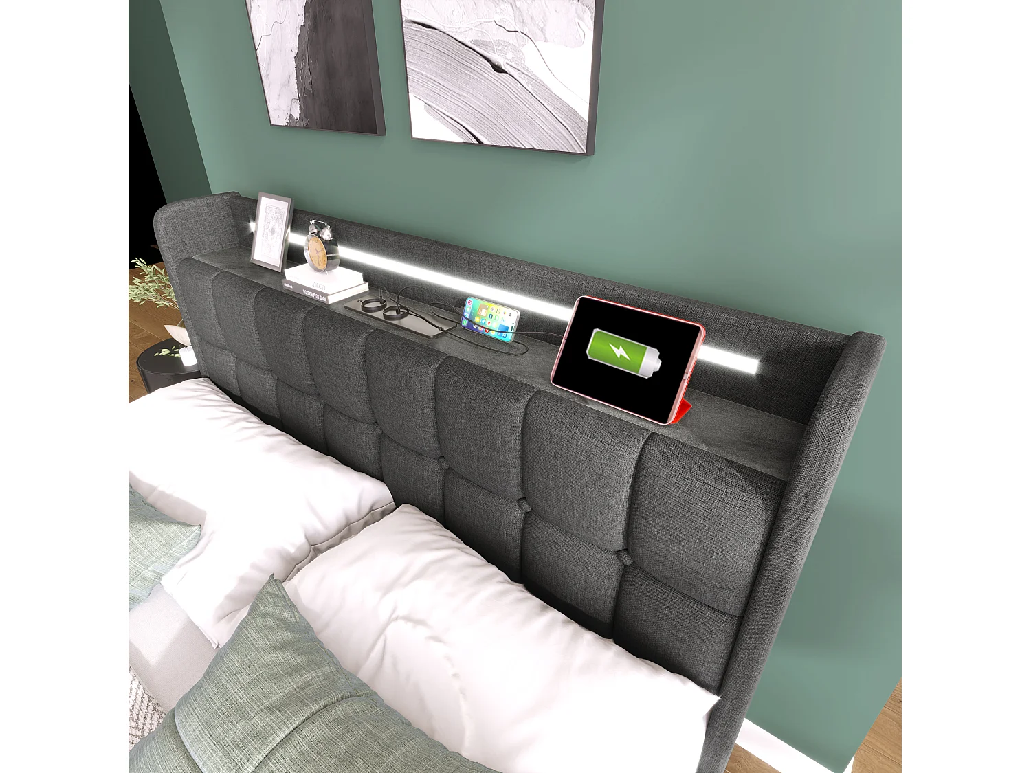 Cama infantil tapizada 90 x 200 cm con 2 cajones - USB + LED - tela de lino - gris