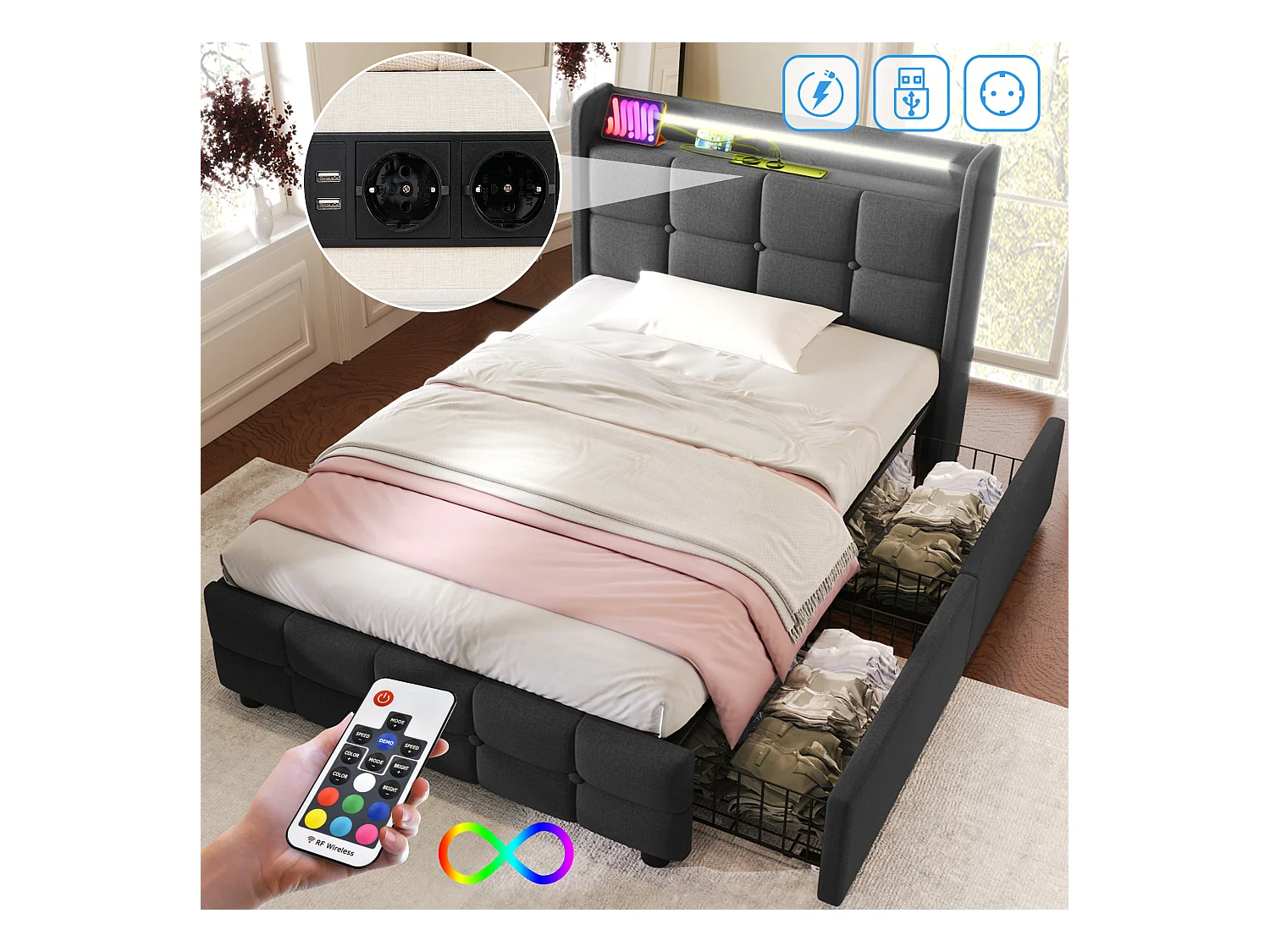 Lit capitonné enfant 90 x 200 cm avec 2 tiroirs - USB + LEDs - tissu en lin - gris
