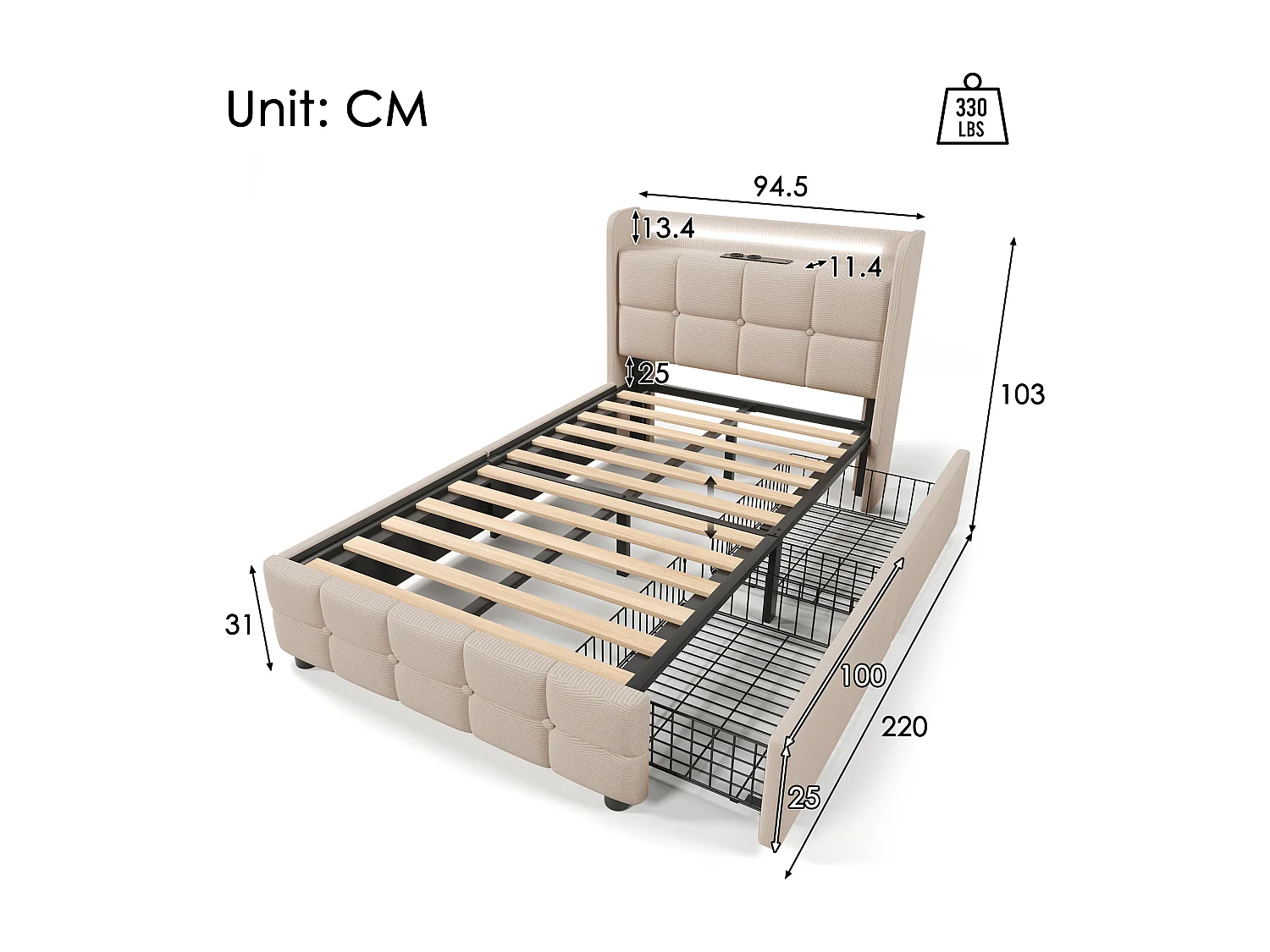 Gestoffeerd kinderbed 90 x 200 cm met 2 lades - USB + LED's - linnenstof - beige