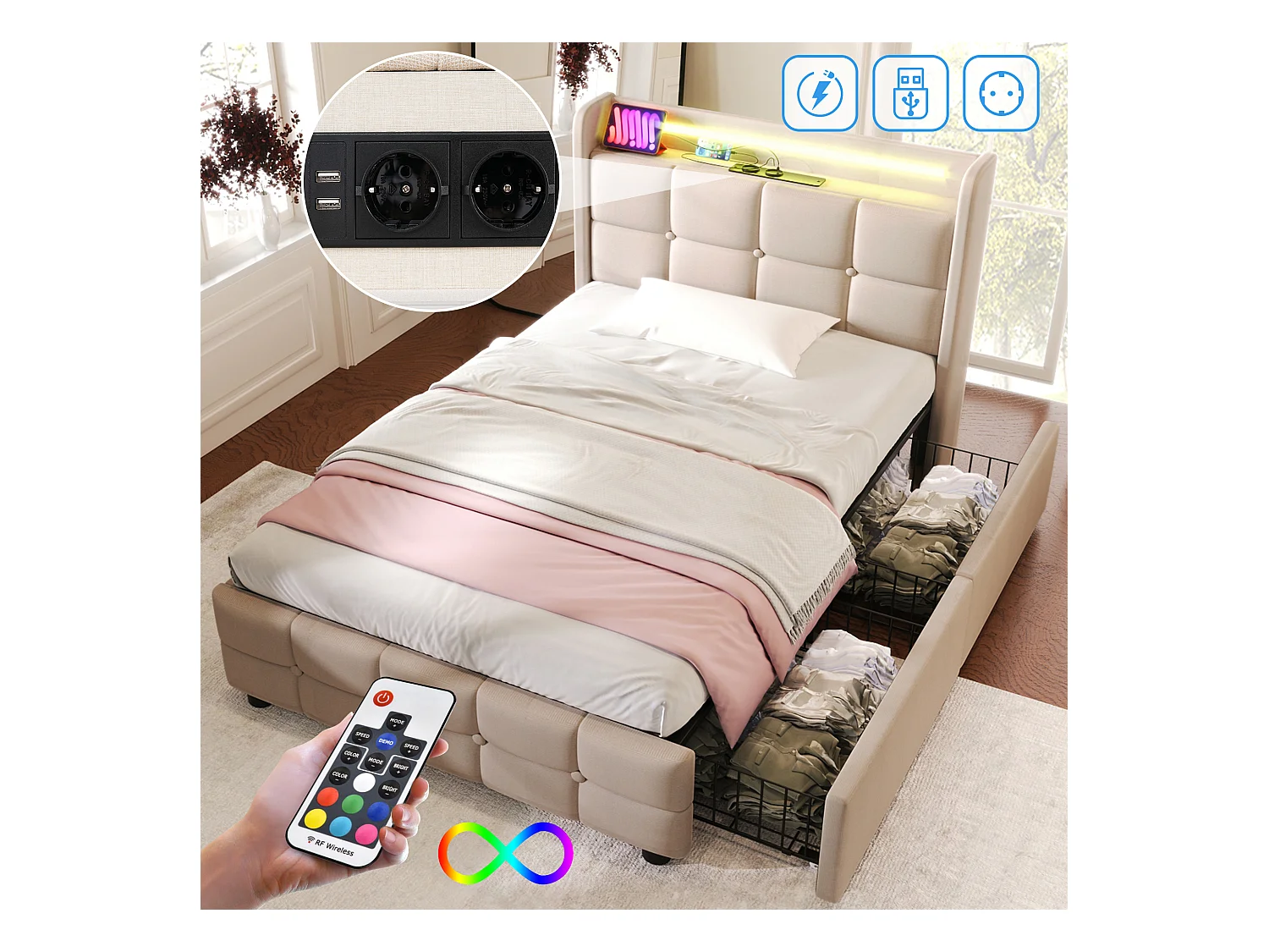 Lit capitonné enfant 90 x 200 cm avec 2 tiroirs - USB + LEDs - tissu en lin - beige