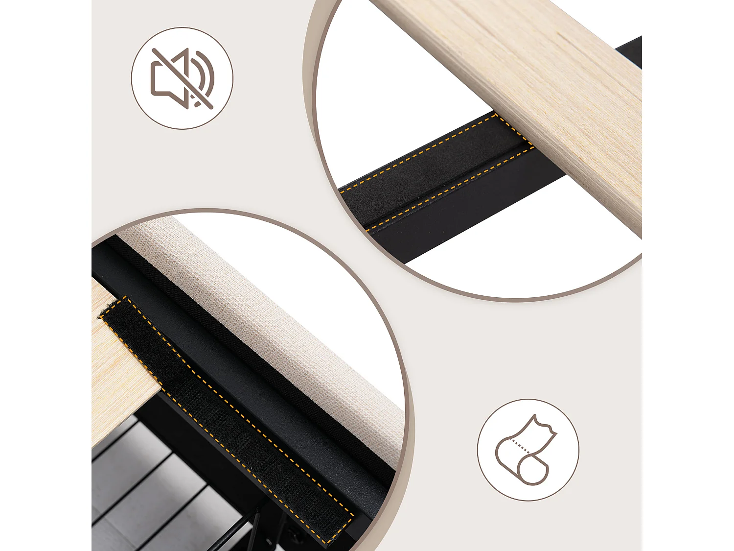 Lit capitonné enfant 90 x 200 cm avec 2 tiroirs - USB + LEDs - tissu en lin - beige