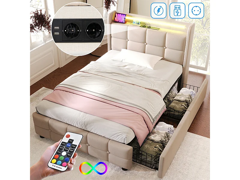 Gestoffeerd kinderbed 90 x 200 cm met 2 lades - USB + LED's - linnenstof - beige