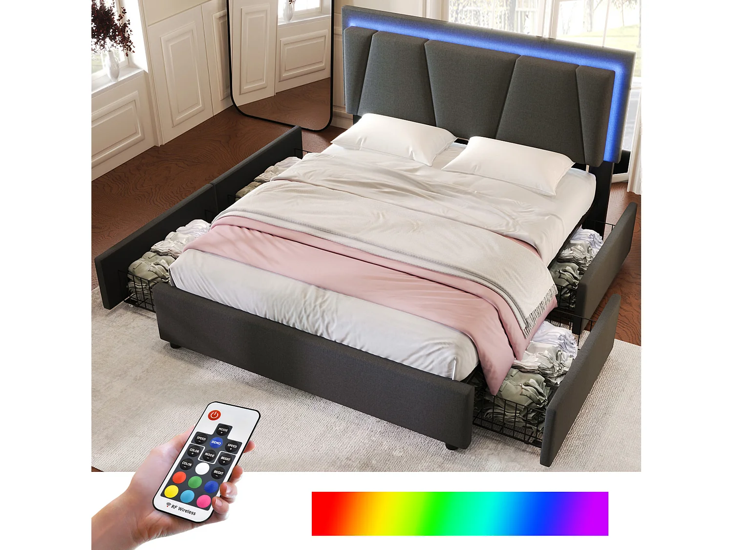 Gepolstertes Erwachsenenbett 140 x 200 cm mit LED-Beleuchtung und 4 Schubladen – verstellbares Kopfteil – graues Leinen