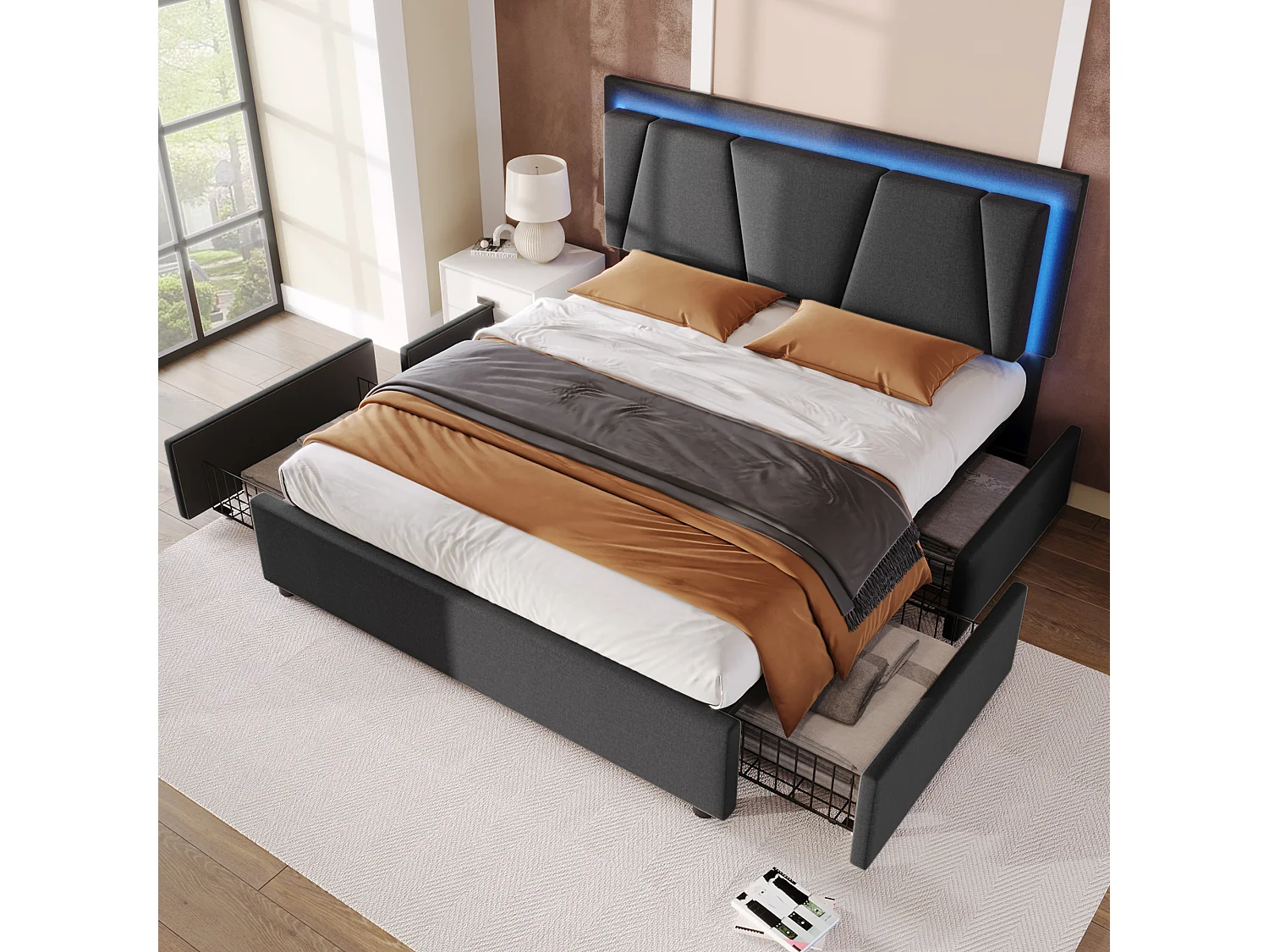 Gepolstertes Erwachsenenbett 140 x 200 cm mit LED-Beleuchtung und 4 Schubladen – verstellbares Kopfteil – graues Leinen