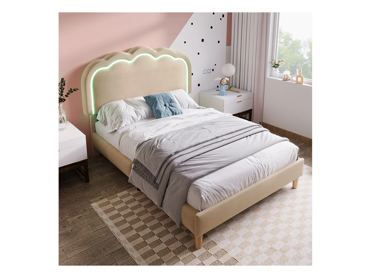 Lit capitonné 90 x 200 cm avec tête de lit réglable pour chambre à coucher - LEDs - tissu lin - beige