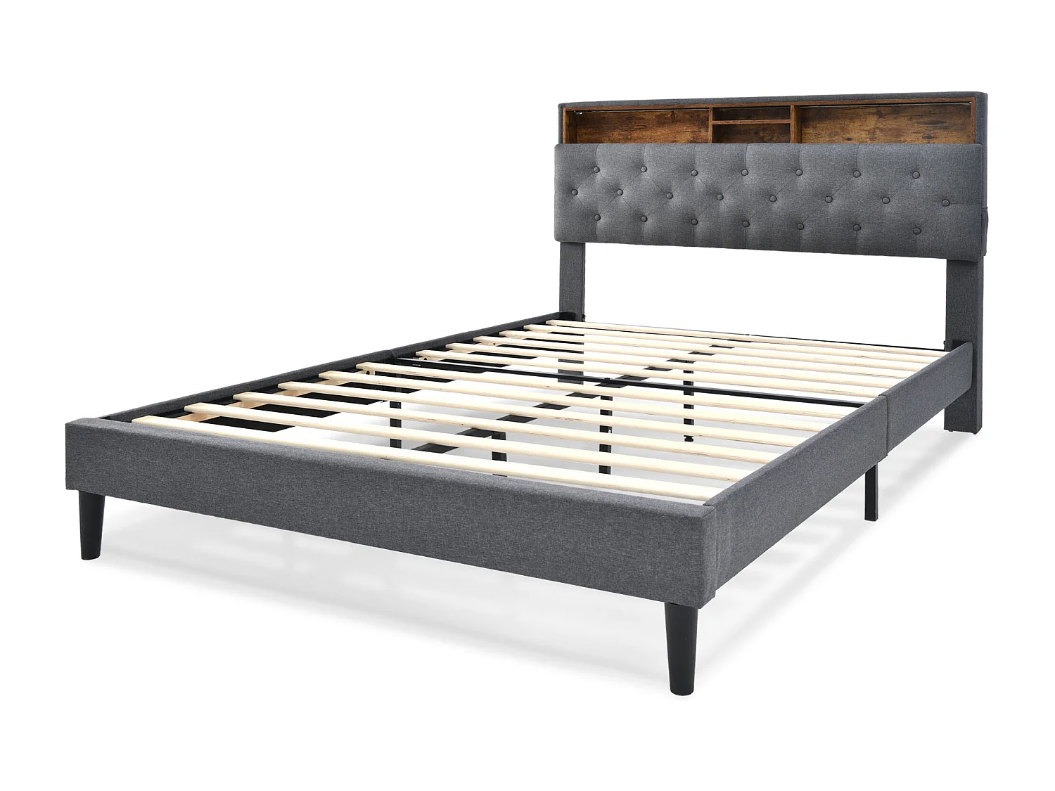 Gestoffeerd bed 140 x 200 cm met borsthoofdeinde - LED's - linnenstof - grijs