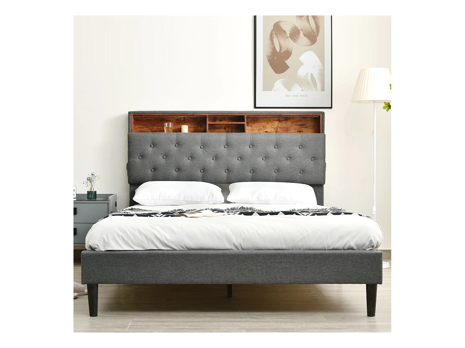 Letto imbottito 140 x 200 cm con testiera a cassettiera - LED - tessuto lino - grigio