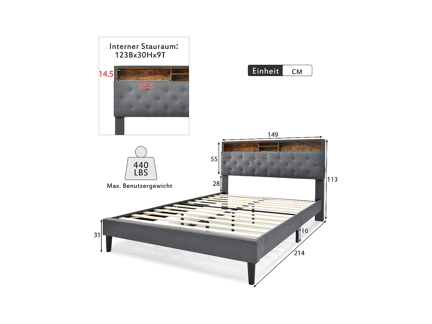 Letto imbottito 140 x 200 cm con testiera a cassettiera - LED - tessuto lino - grigio