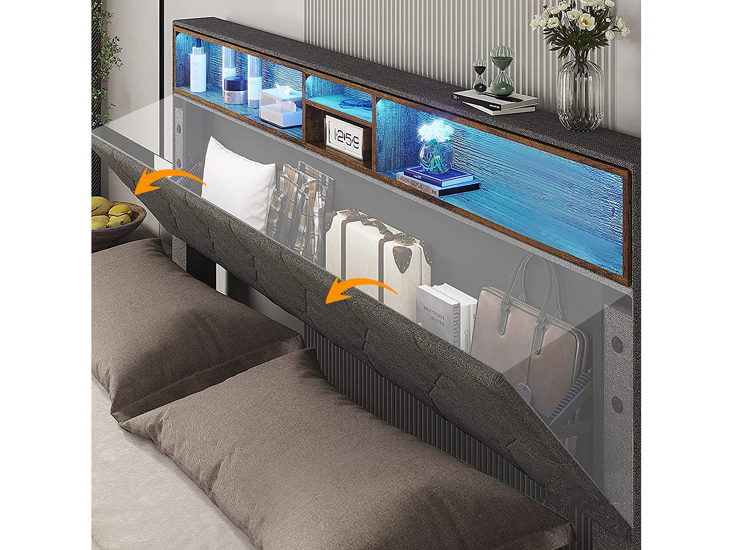 Letto imbottito 140 x 200 cm con testiera a cassettiera - LED - tessuto lino - grigio