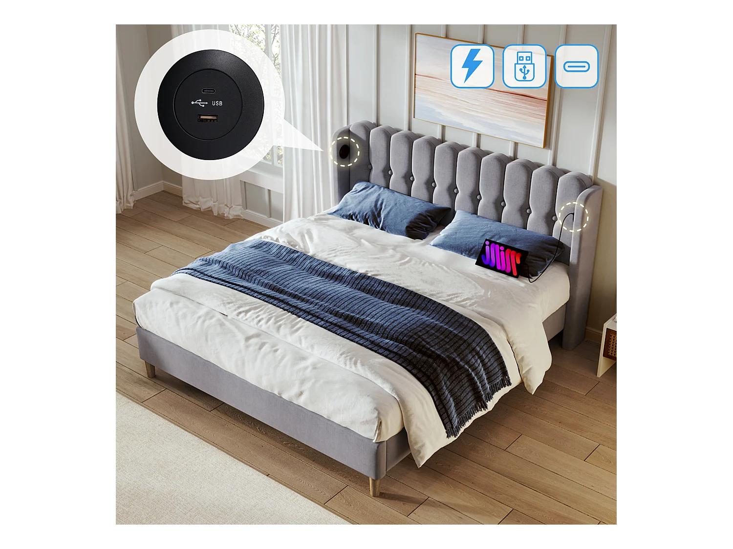 Lit capitonné 140 x 200 cm pour enfant ou adulte - USB + type C - tissu en lin - gris