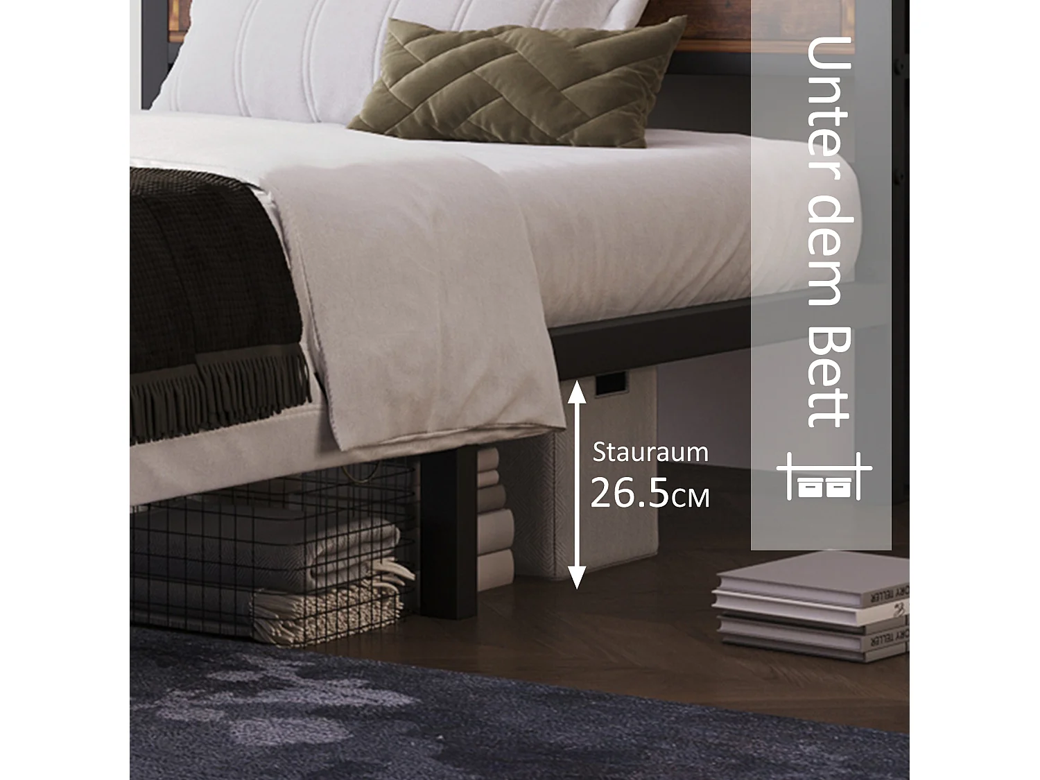 Metalen bed 140 x 200 cm met opberghoofdeinde - industriële stijl - zwart