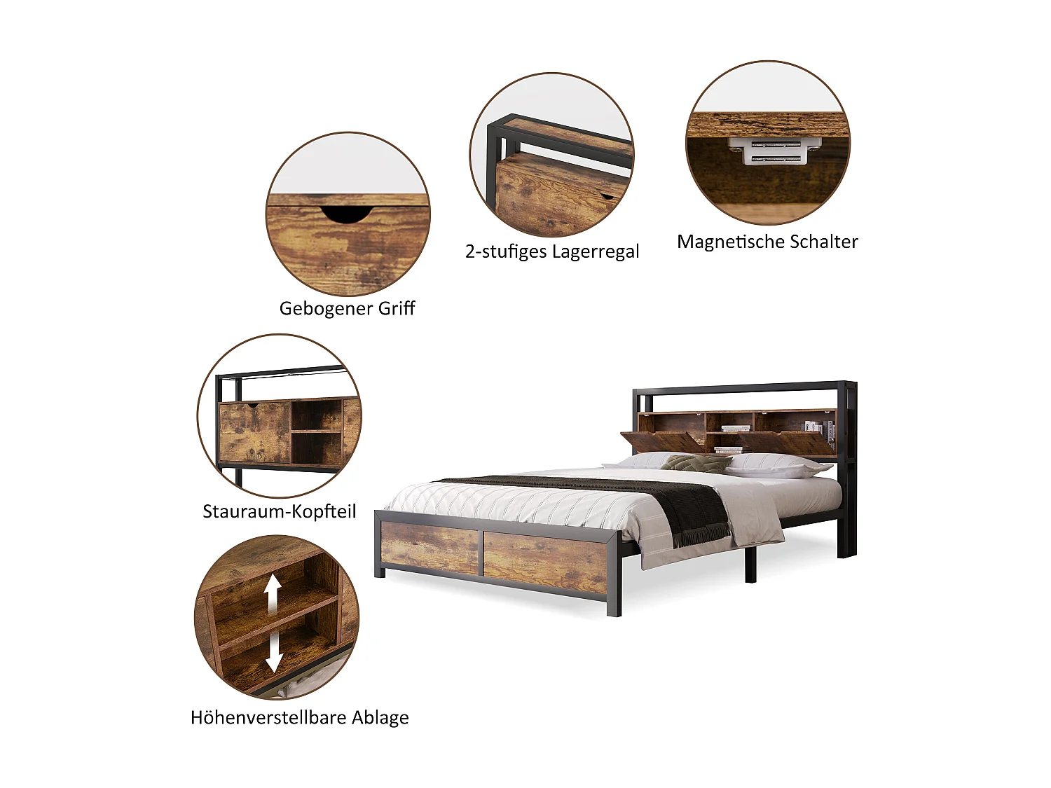 Metalen bed 140 x 200 cm met opberghoofdeinde - industriële stijl - zwart