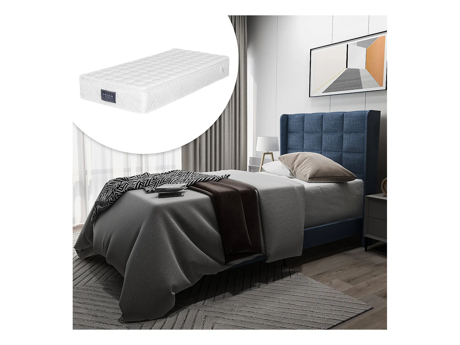 Polsterbett mit Kopfteil – 90 x 200 cm – Leinenstoff – Boxspring + Matratze – Blau
