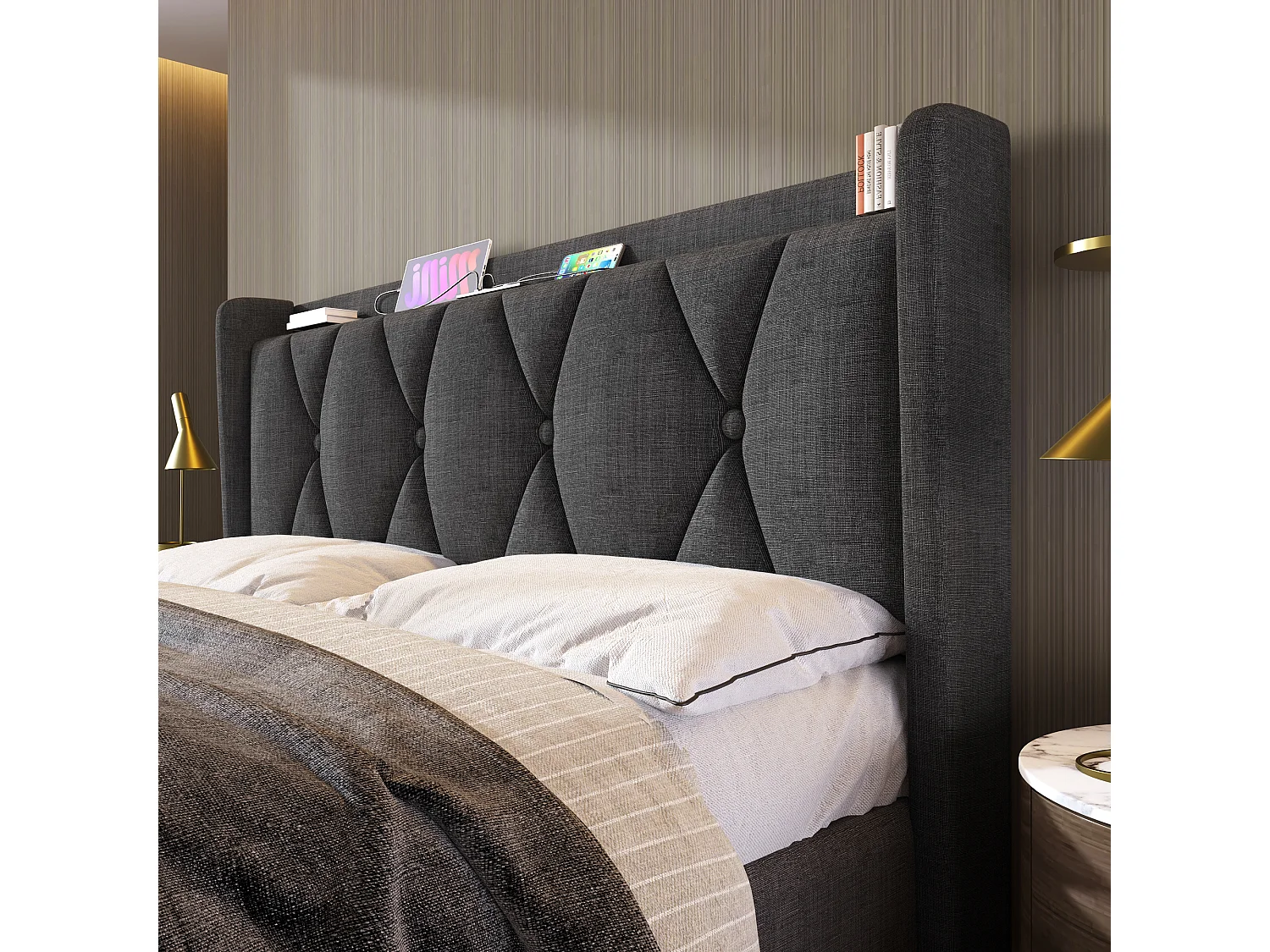 Cama estofada 160 x 200 cm com cabeceira e 4 gavetas - USB - tecido linho - cinza