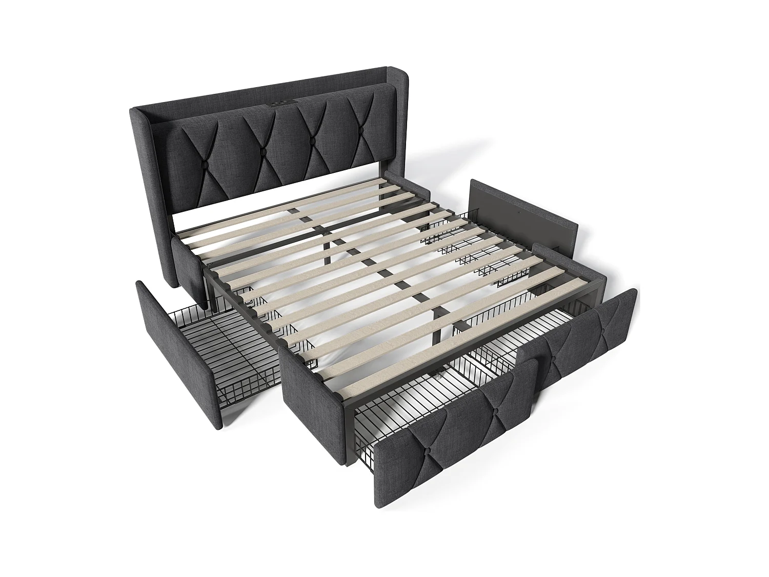 Lit capitonné 160 x 200 cm avec tête de lit et 4 tiroirs - USB - tissu en lin - gris