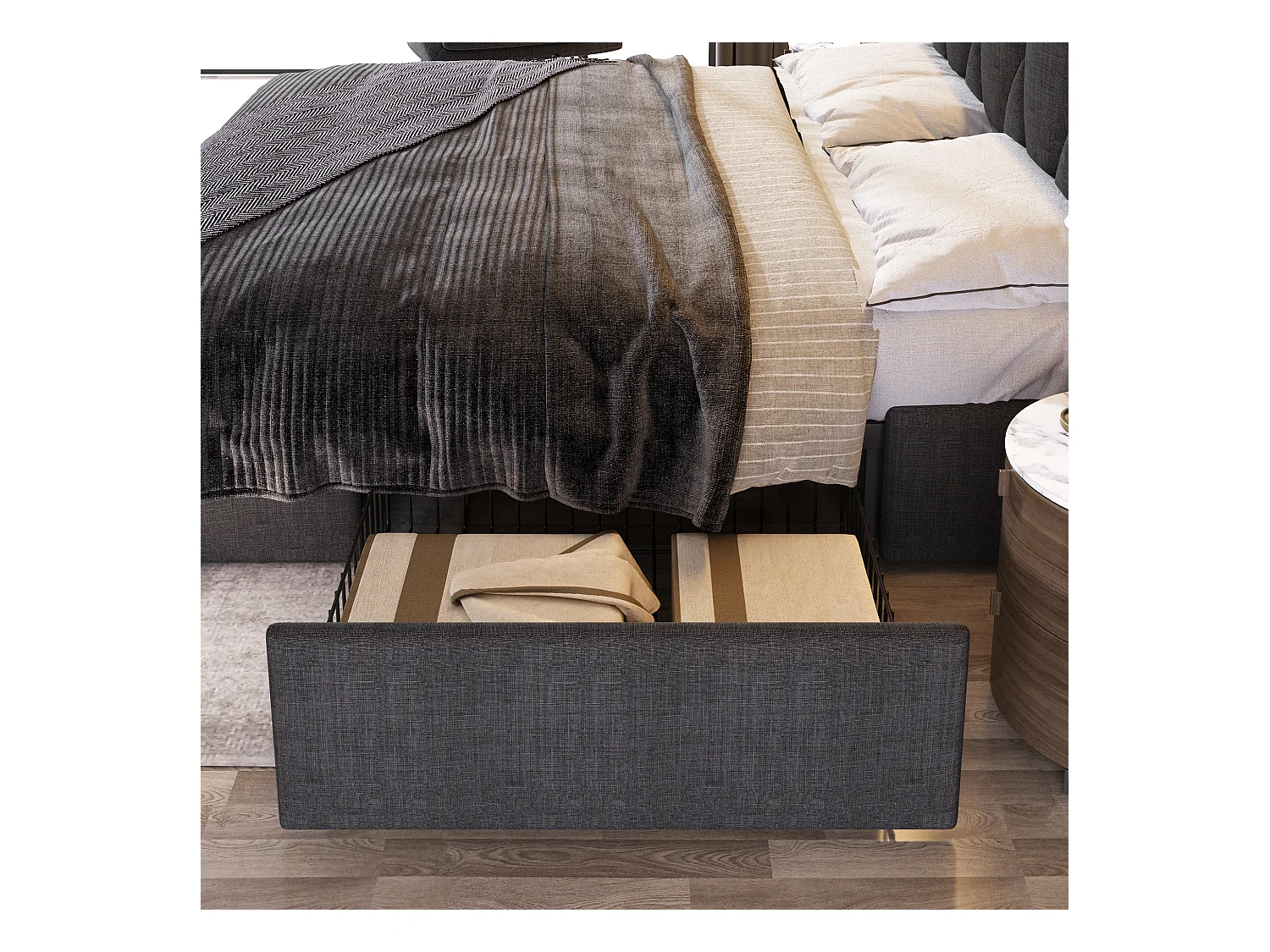 Lit capitonné 160 x 200 cm avec tête de lit et 4 tiroirs - USB - tissu en lin - gris