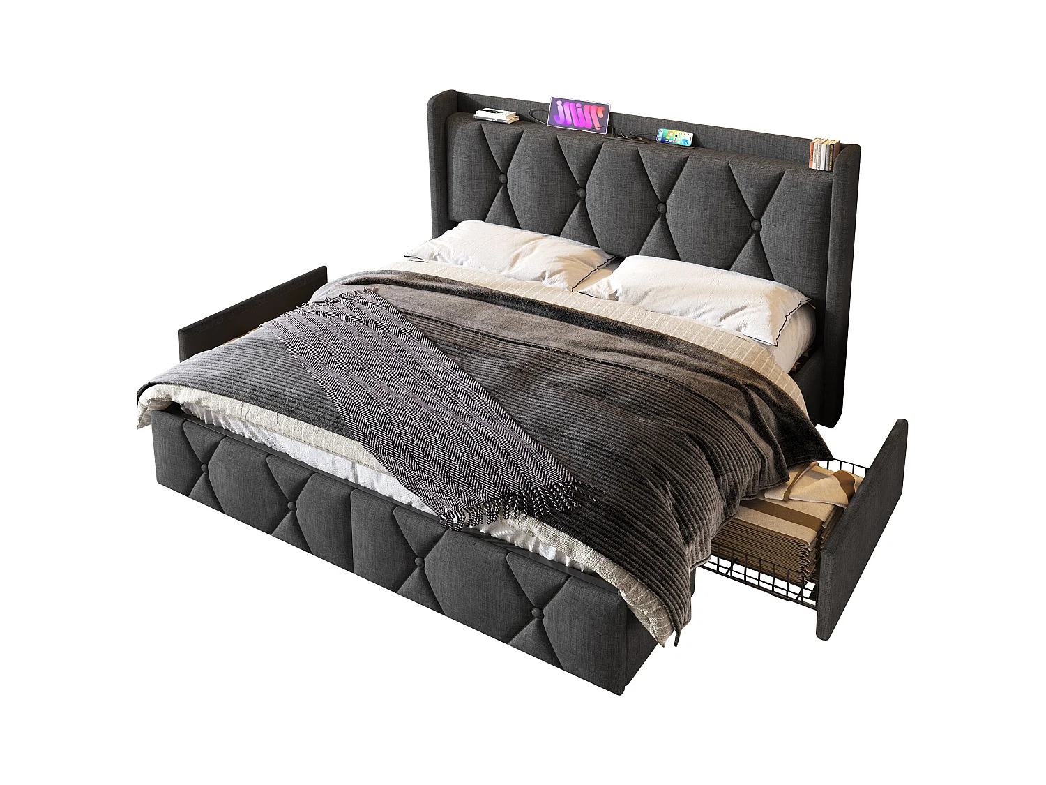 Lit capitonné 160 x 200 cm avec tête de lit et 4 tiroirs - USB - tissu en lin - gris